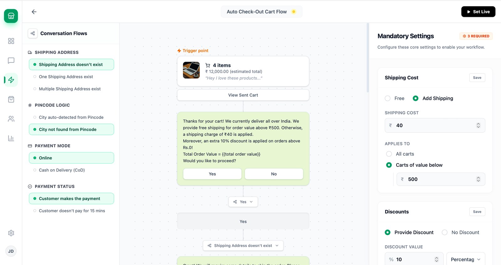 Interakt Auto Check-Out conversation flow builder
