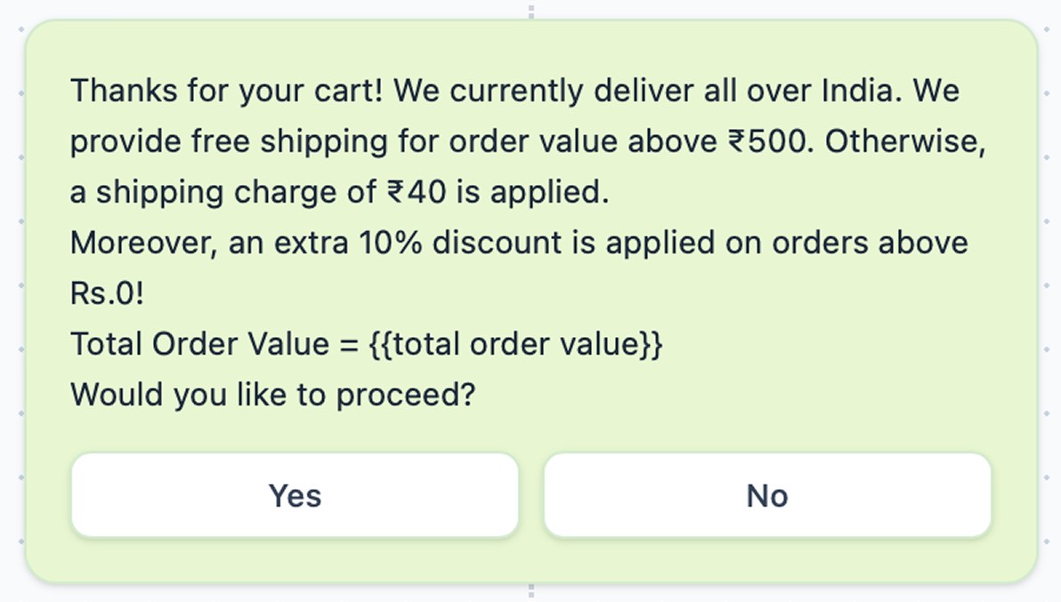 The checkout message a customer receives, with Yes and No replies