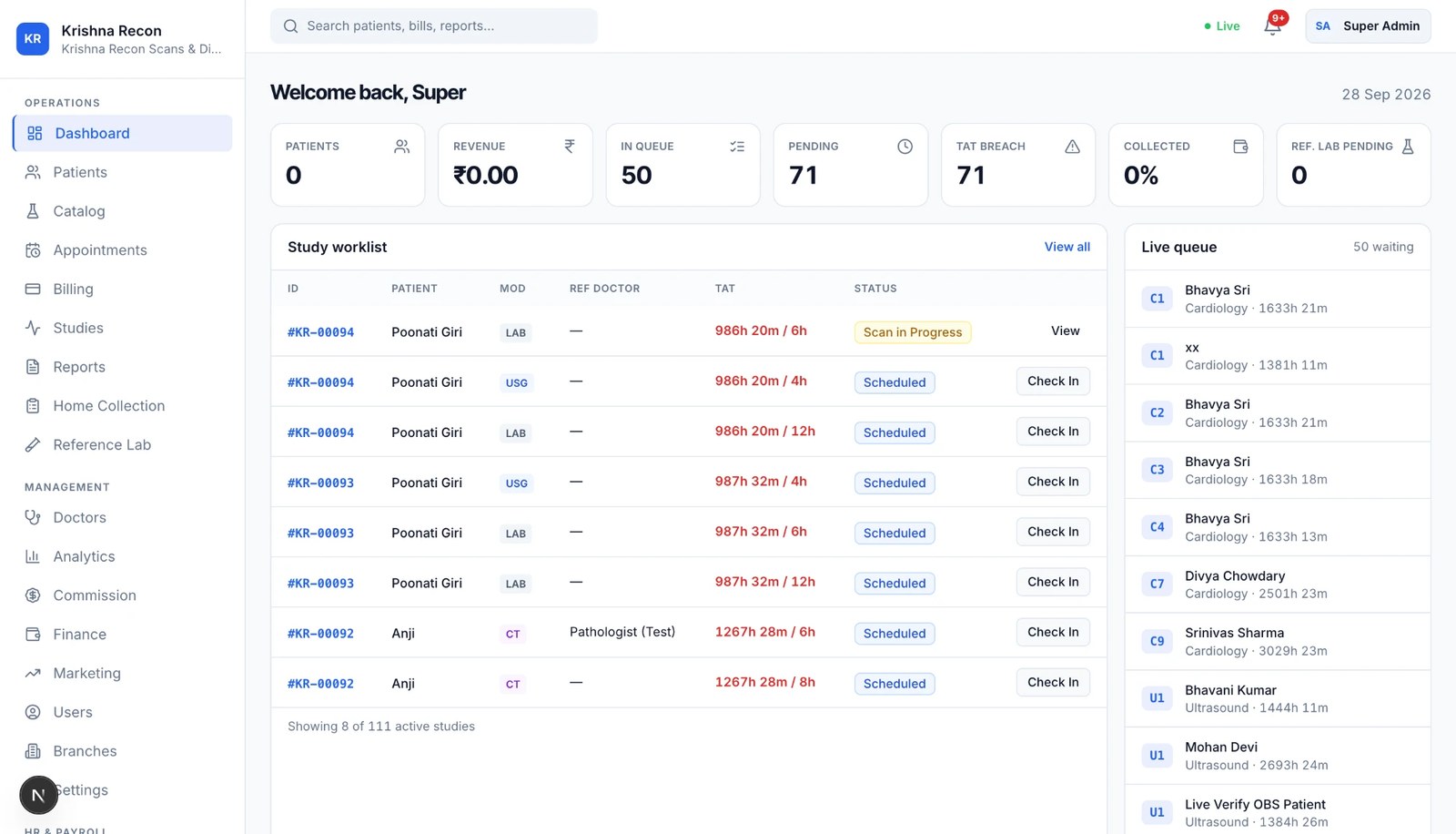 Krishna Recon staff dashboard — study worklist and live queue