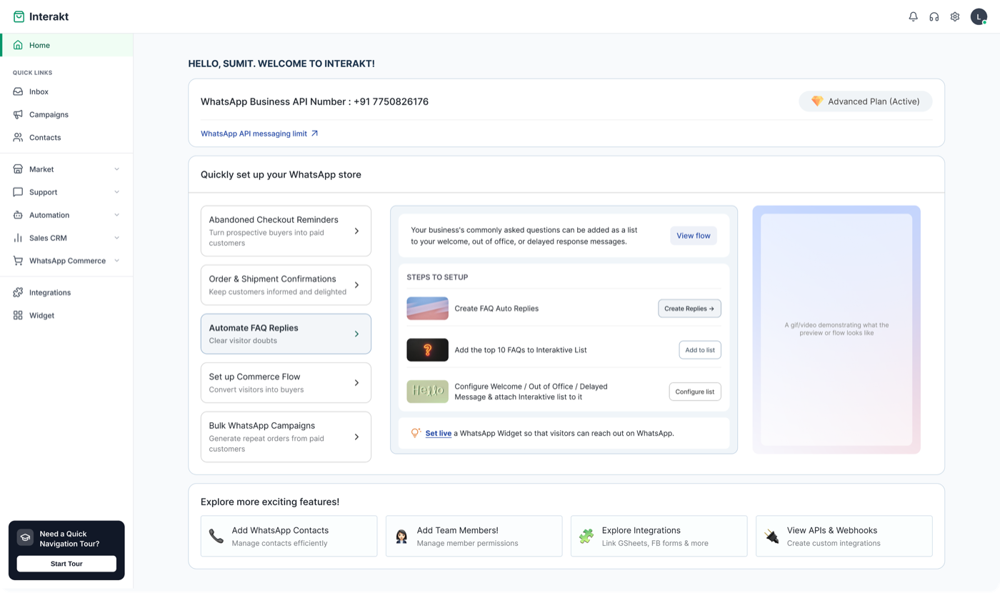 Interakt merchant onboarding dashboard